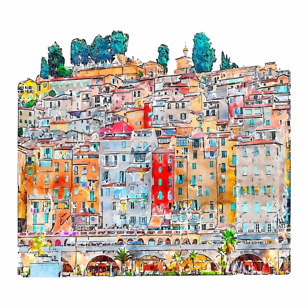 menton France aquarelle main tiré illustration isolé sur blanc Contexte vecteur