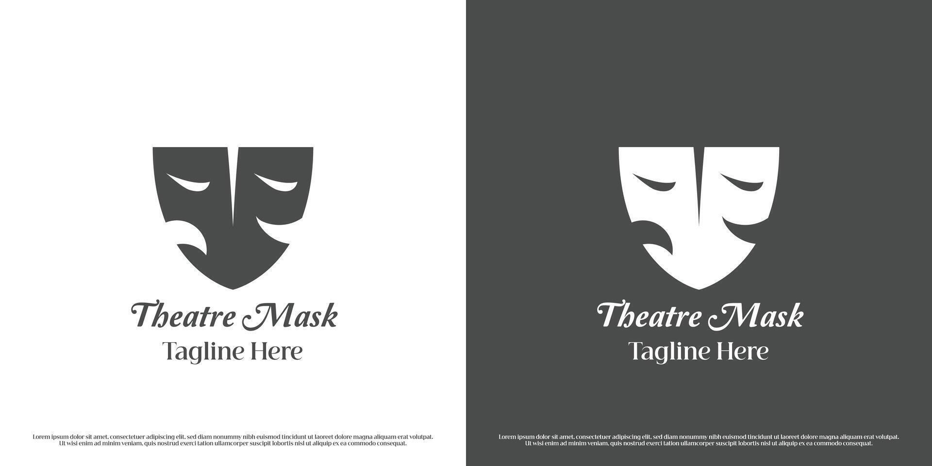 théâtre masque logo conception illustration. silhouette de masque visage masque effrayant de bonne humeur rire triste joyeux de bonne humeur cri sentiment émotion. symbole icône théâtre film drame fête performance un événement fête. vecteur