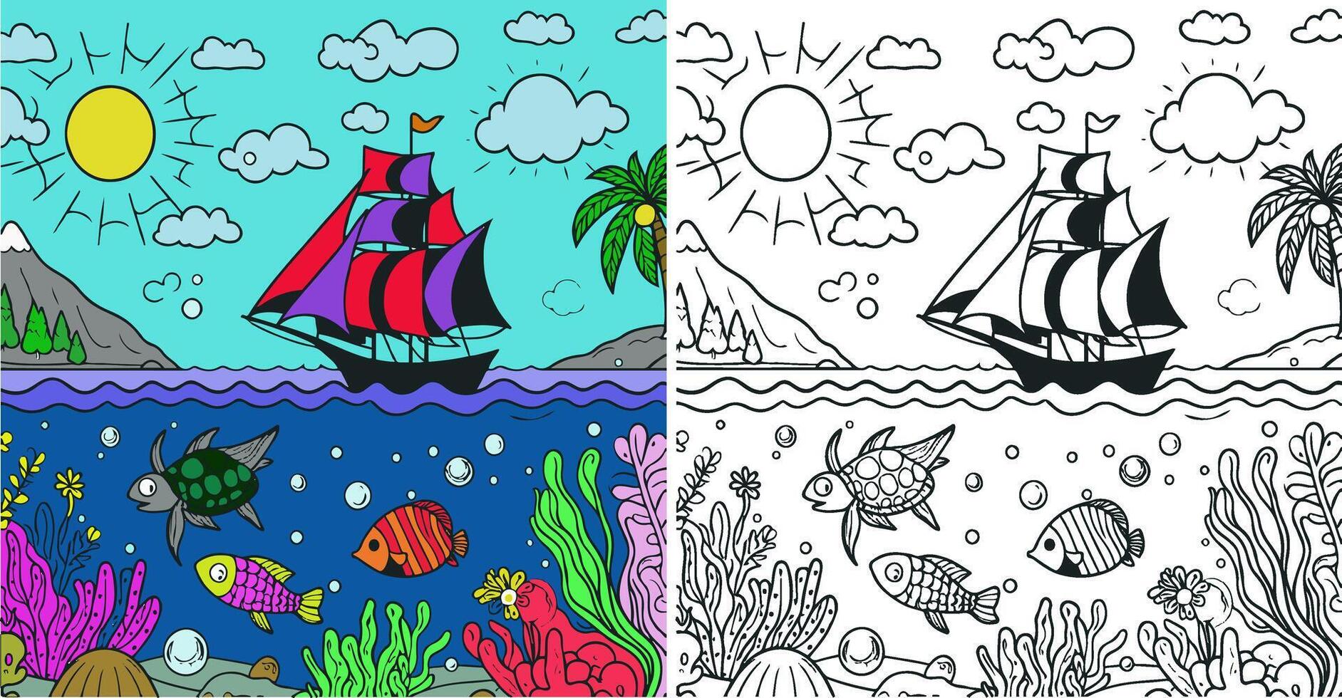coloration livre avec voilier et poisson avec coloré échantillon , vecteur dessin animé illustration