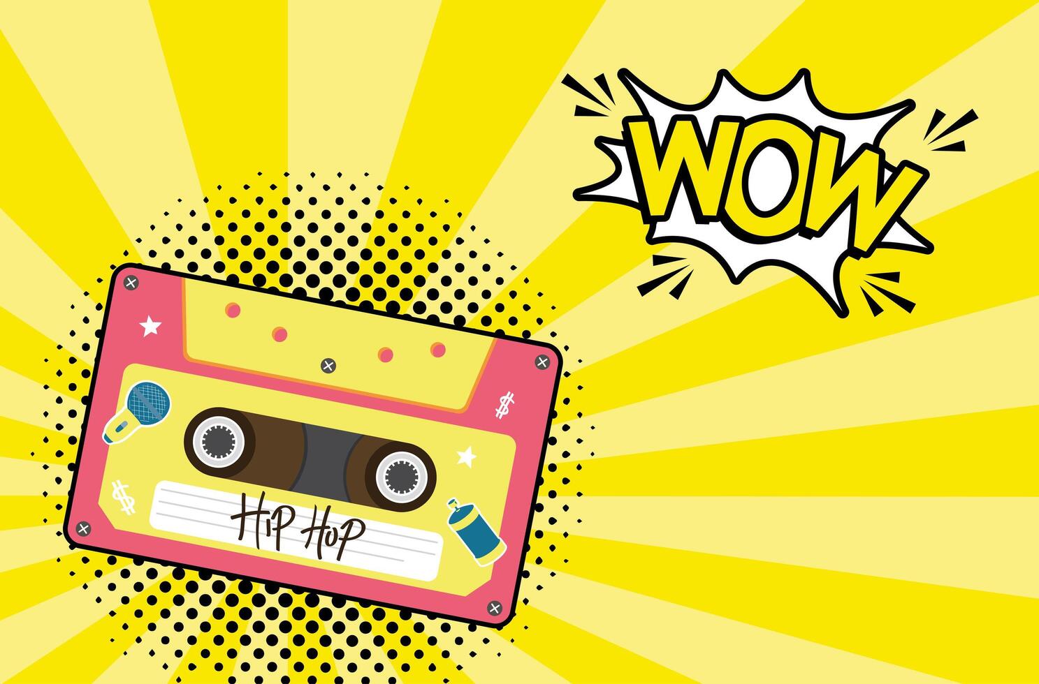 cassette rétro hip hop avec conception de vecteur de bulle d'explosion wow