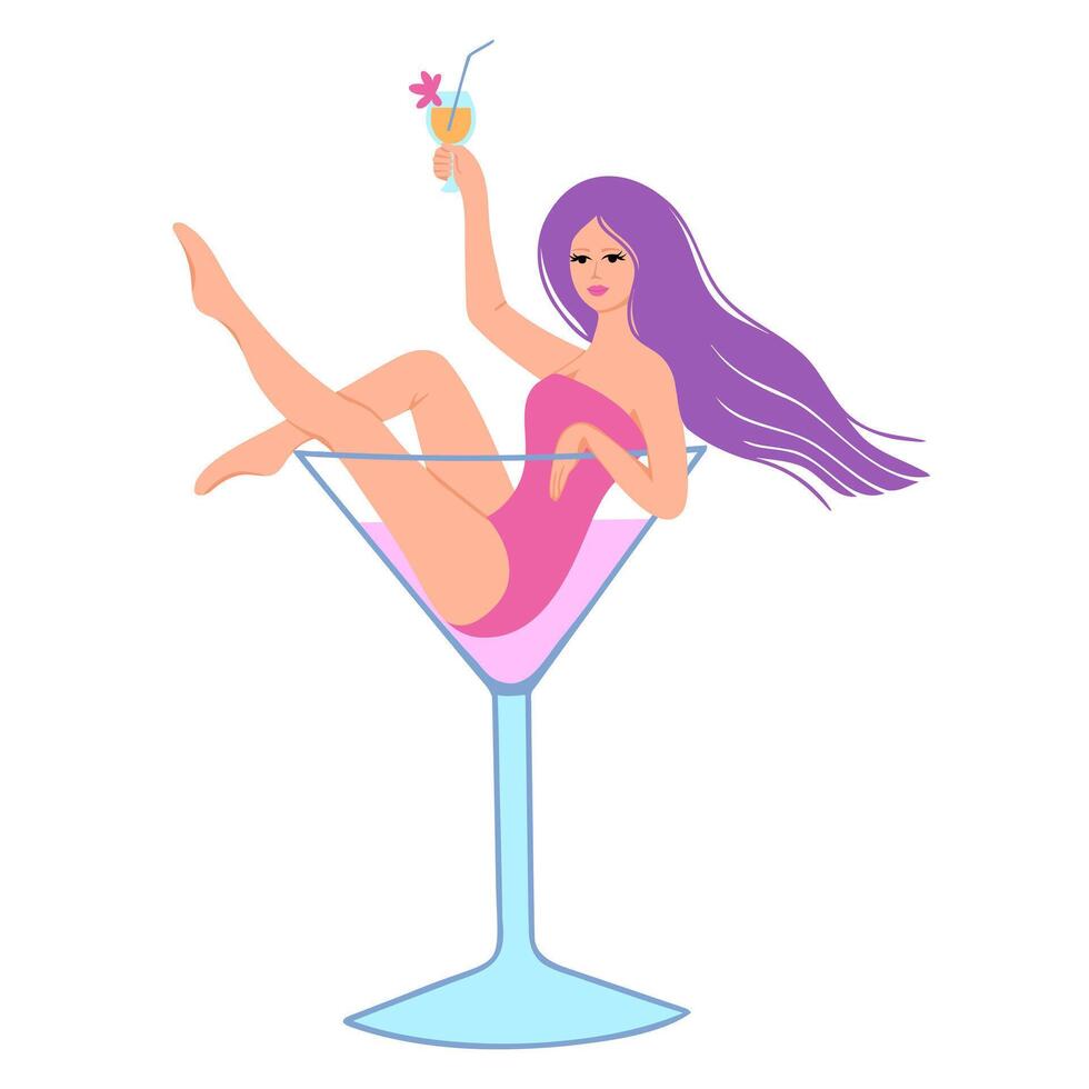 fille dans verre de cocktail. femme relaxant dans été, sur faire la fête. illustration pour arrière-plans et emballage. image pouvez être utilisé pour cartes, affiches et autocollants. isolé sur blanc Contexte. vecteur