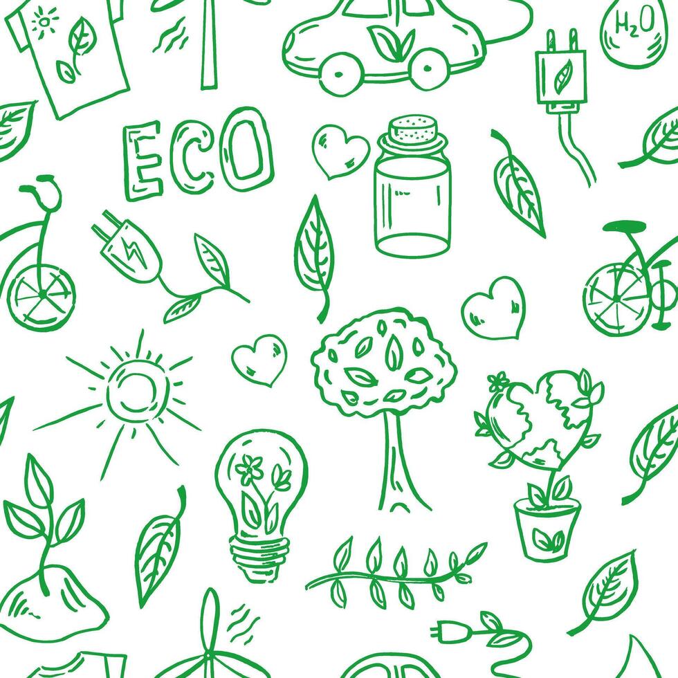 écologie sans couture modèle. dessiné à la main griffonnage vecteur illustration. écologie problème, recyclage et vert énergie Icônes. environnement symboles.