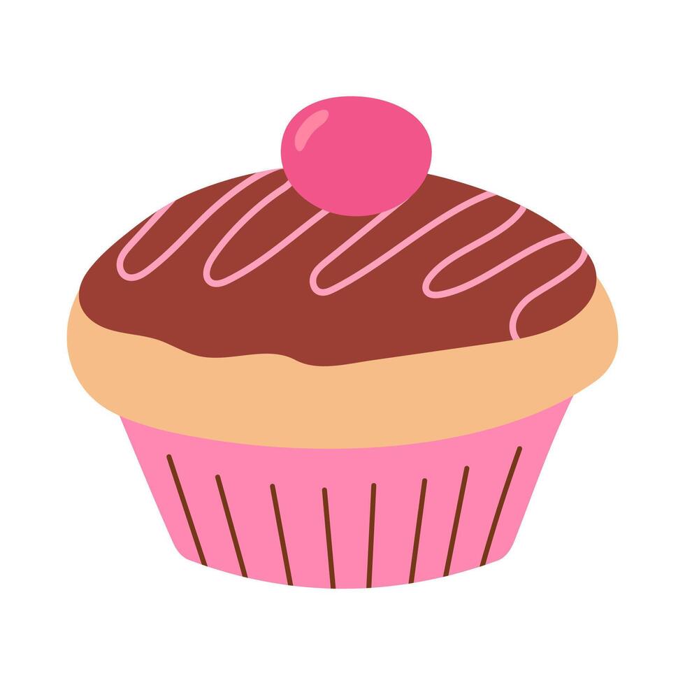 vanille petit gâteau avec Chocolat glaçage et Cerise sur haut, nourriture vecteur illustration, cuit bonbons, plat style muffin
