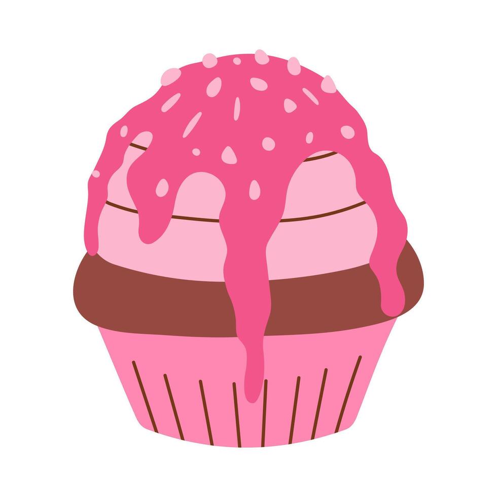 Chocolat petit gâteau avec rose fouetté crème, rose chocolat, nourriture vecteur illustration, cuit bonbons, plat style muffin
