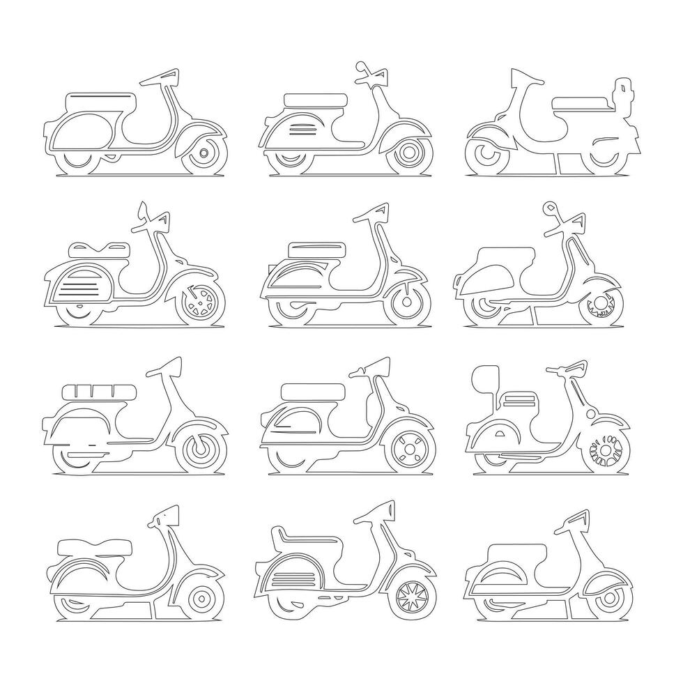 une collection de noir et blanc ligne style artistique scooter symboles vecteur