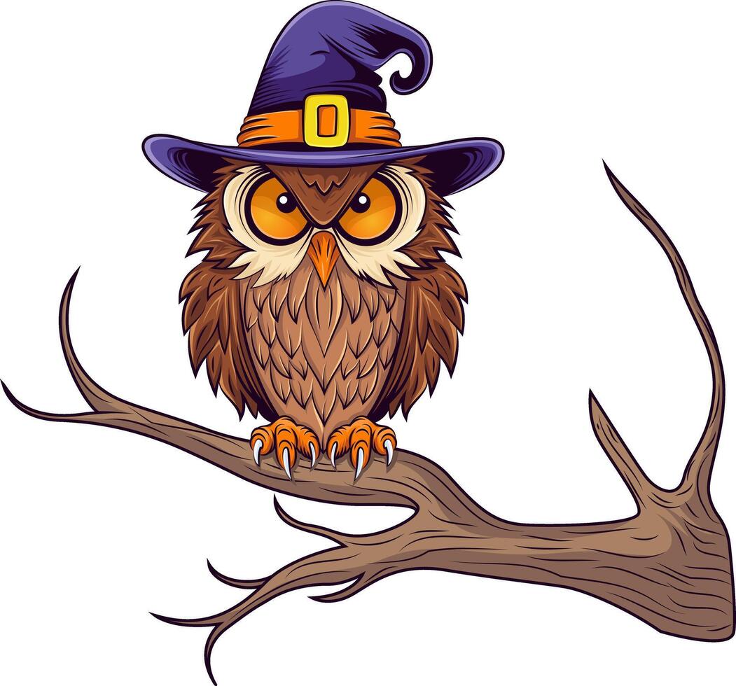 mignonne sur le thème d'halloween hibou portant une sorcière chapeau sur une branche. vecteur illustration.