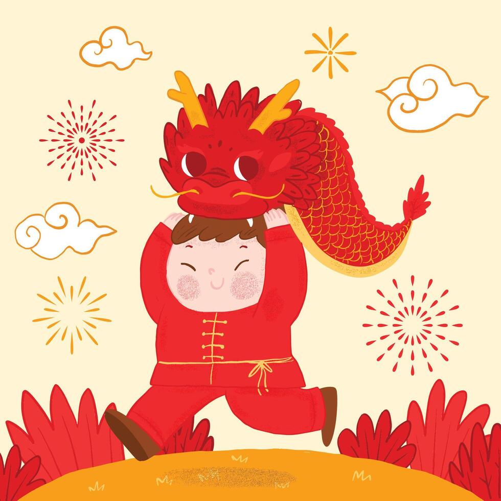 main tiré enfant célébrer année de le dragon vecteur illustration