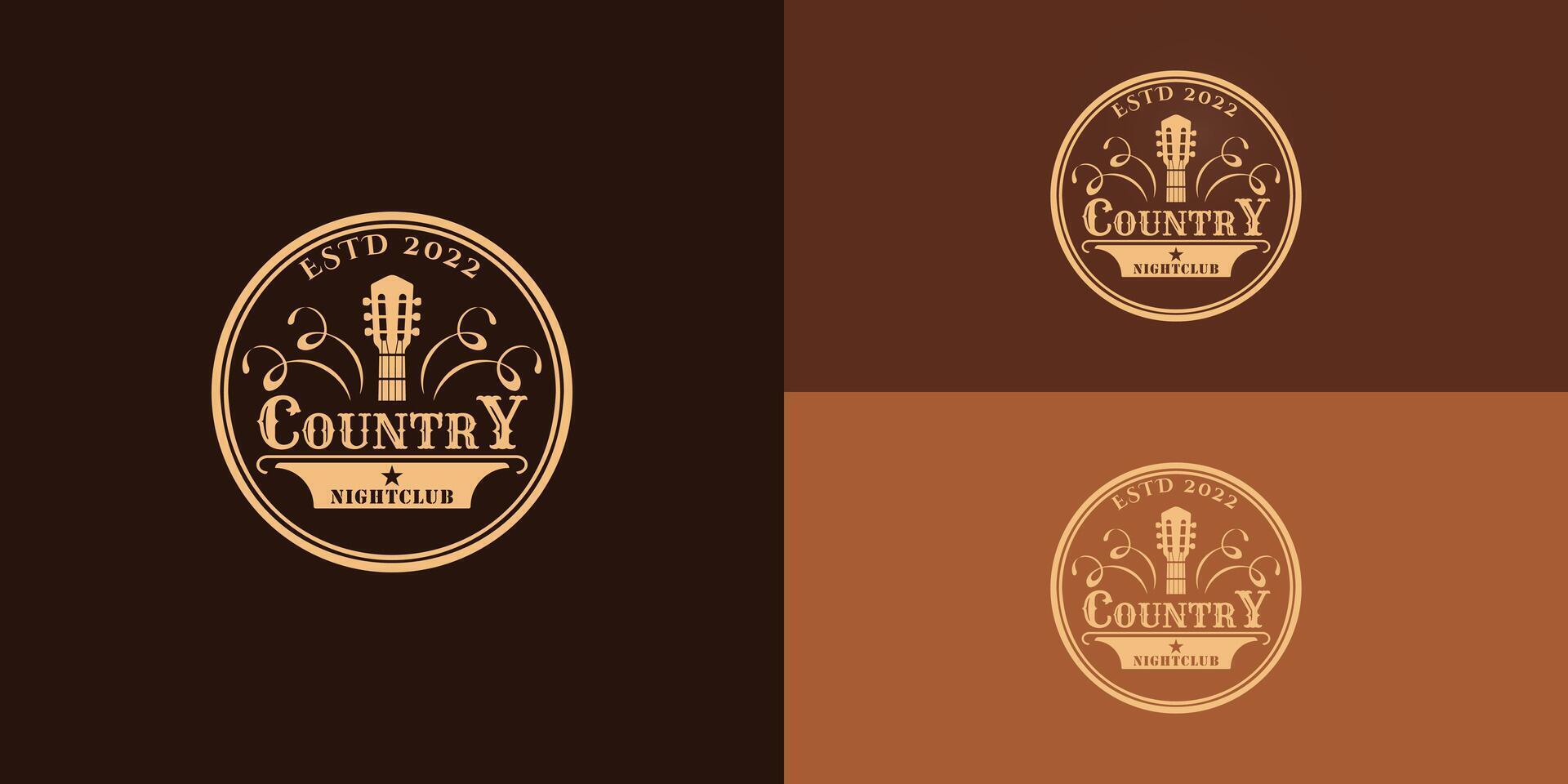 pays guitare la musique occidental ancien rétro bar logo conception dans or Couleur présenté avec plusieurs marron Contexte couleurs. le logo est adapté pour le pays et bar restaurant logo conception modèle vecteur