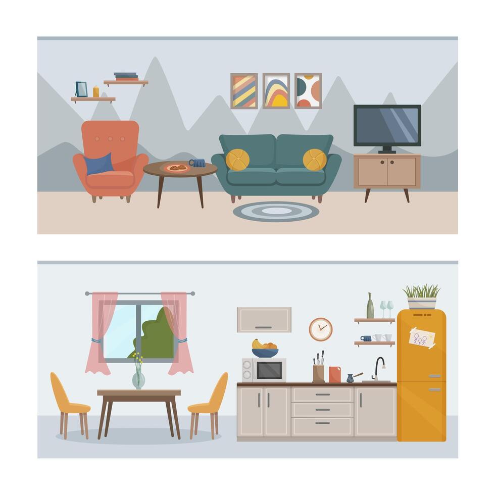 appartement à l'intérieur. ensemble avec intérieur, cuisine et vivant chambre. meublé pièces. plat vecteur illustration de pièces avec meubles.