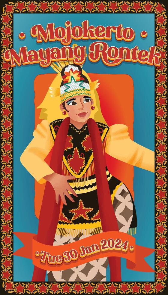 mayang rontek Danse mojokerto Indonésie culture cellule ombragé main tiré illustration vecteur