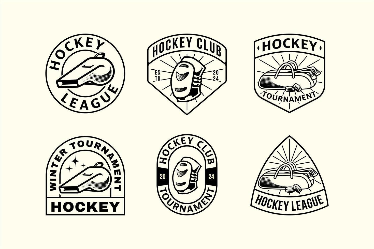 ensemble de le hockey contour badge logos avec le hockey sac et sifflet et le genou tampons élément conception pour le hockey équipe et ligue et champion vecteur