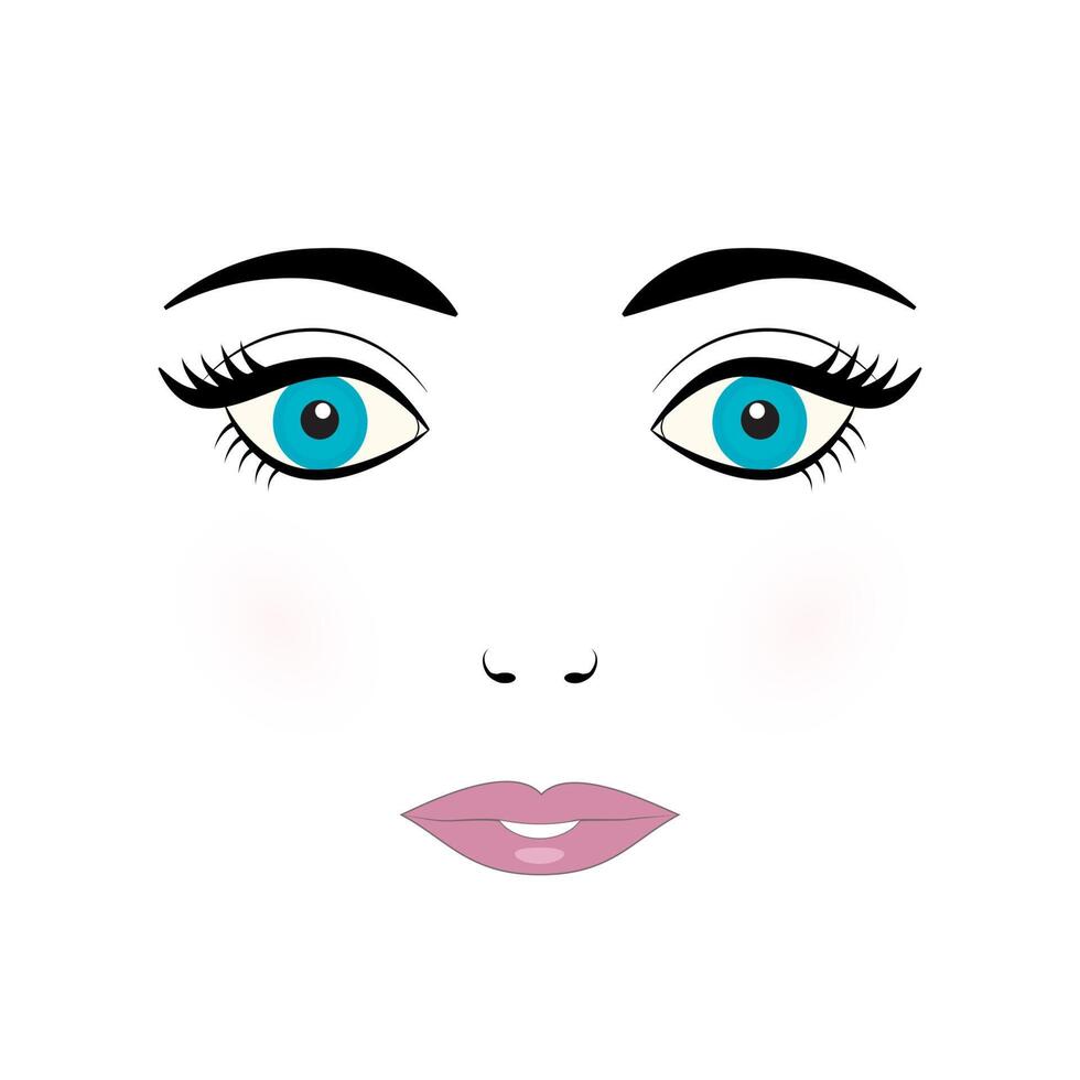 mignonne Jeune femme visage vecteur illustration. poupée visage avec bleu yeux, cils, les sourcils et rose lèvres sur blanc Contexte.