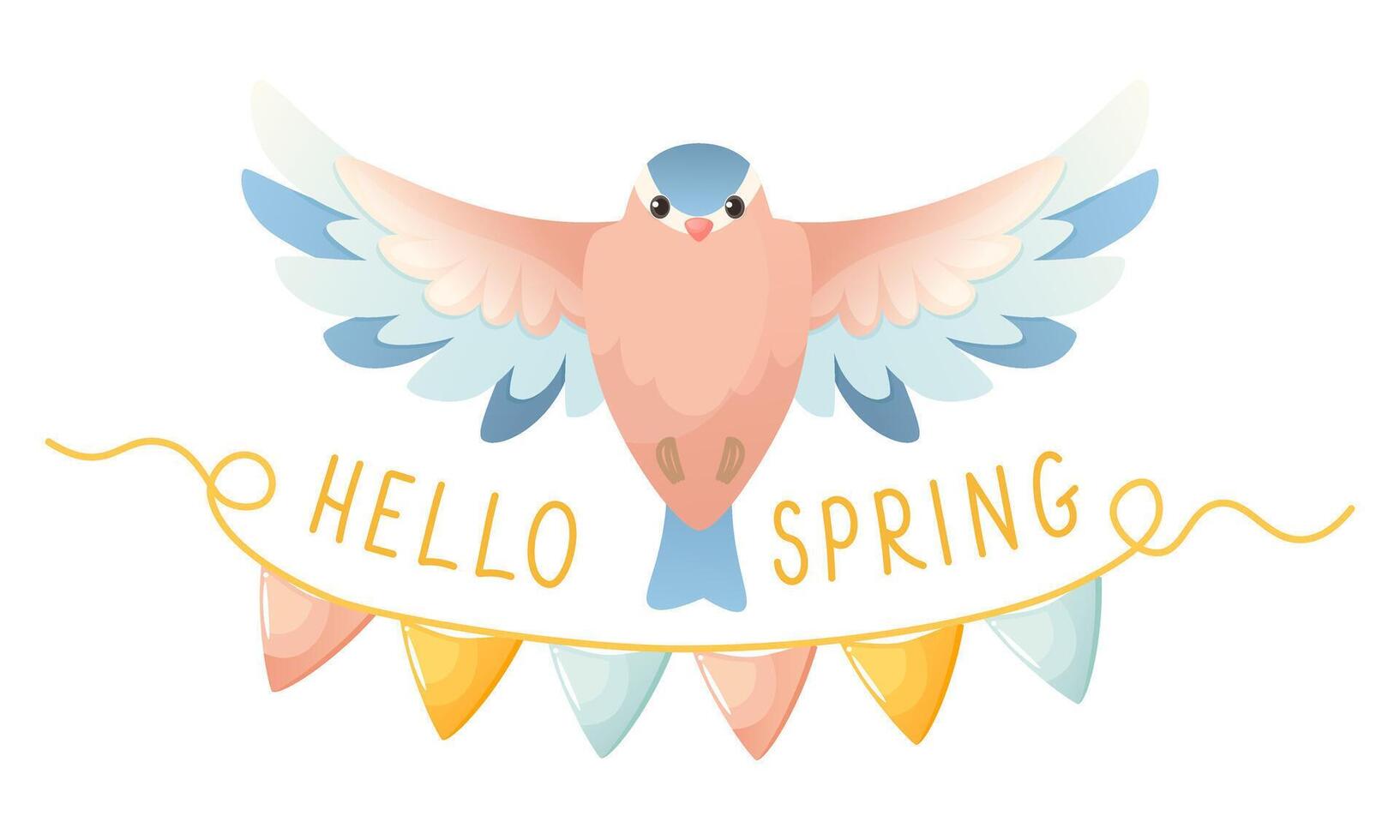 printemps oiseau dans vol, texte Bonjour printemps, décoré avec drapeaux. vecteur