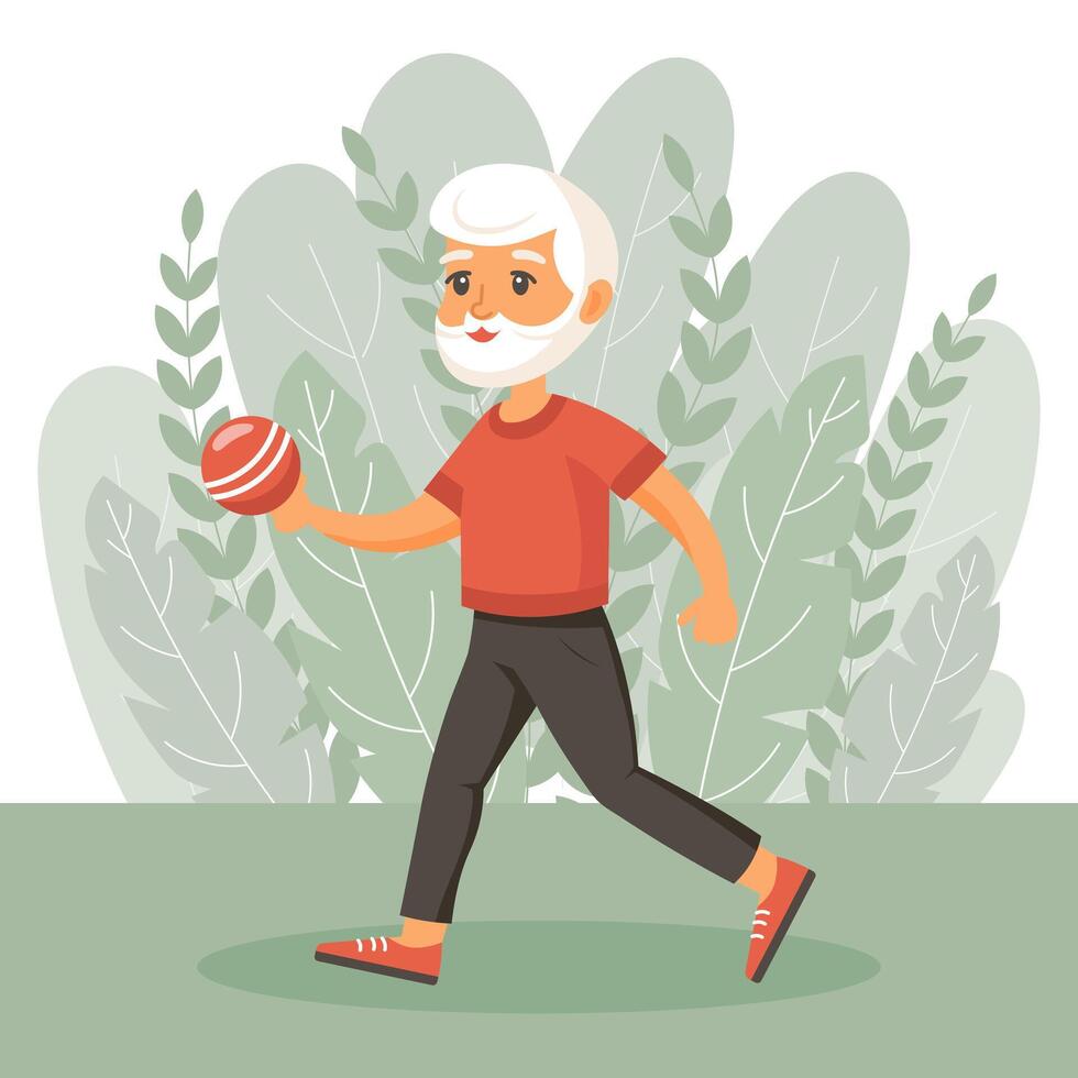 content vieux homme grand-père va dans pour des sports, yoga, des promenades. un personnes âgées homme est faire de l'exercice. plat illustration dans dessin animé style, vecteur