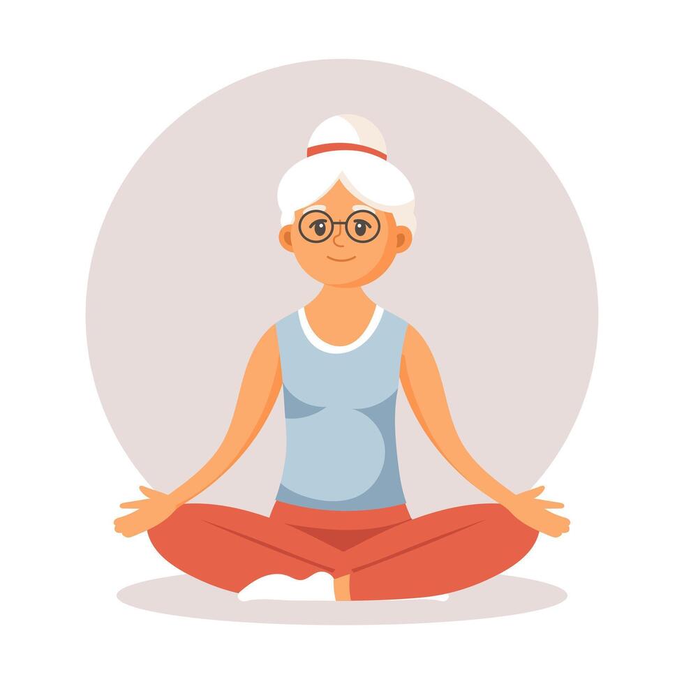 content vieux Dame grand-mère Faire des sports, yoga, marche. personnes âgées gens faire de l'exercice. plat illustration dans dessin animé style, vecteur