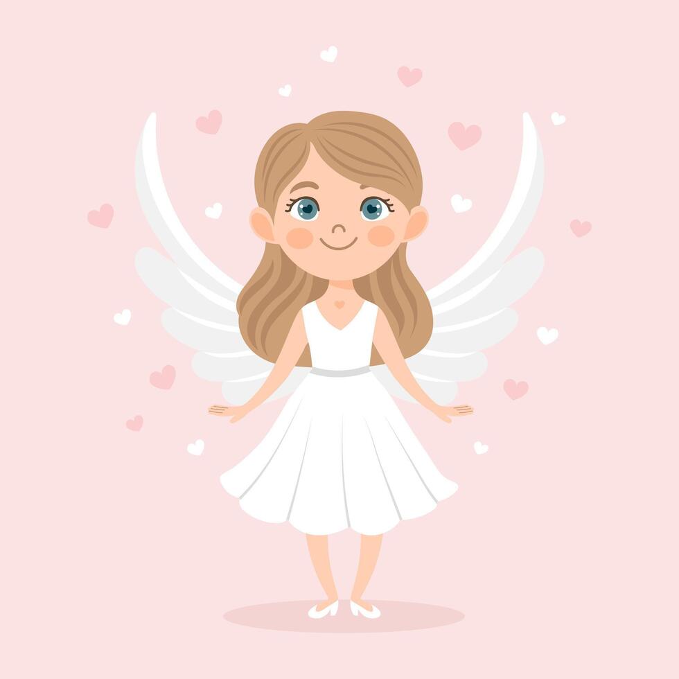 mignonne Cupidon fille avec arc et flèche, ange fille, chérubin. la Saint-Valentin journée carte, pastel couleurs. vecteur illustration dans plat dessin animé style