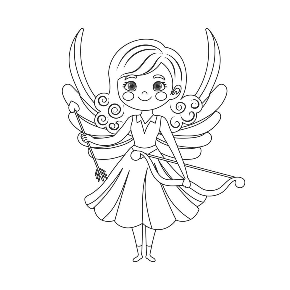 mignonne Cupidon fille avec arc et flèche, ange fille, chérubin princesse. linéaire dessin pour coloration livre, esquisser. vecteur