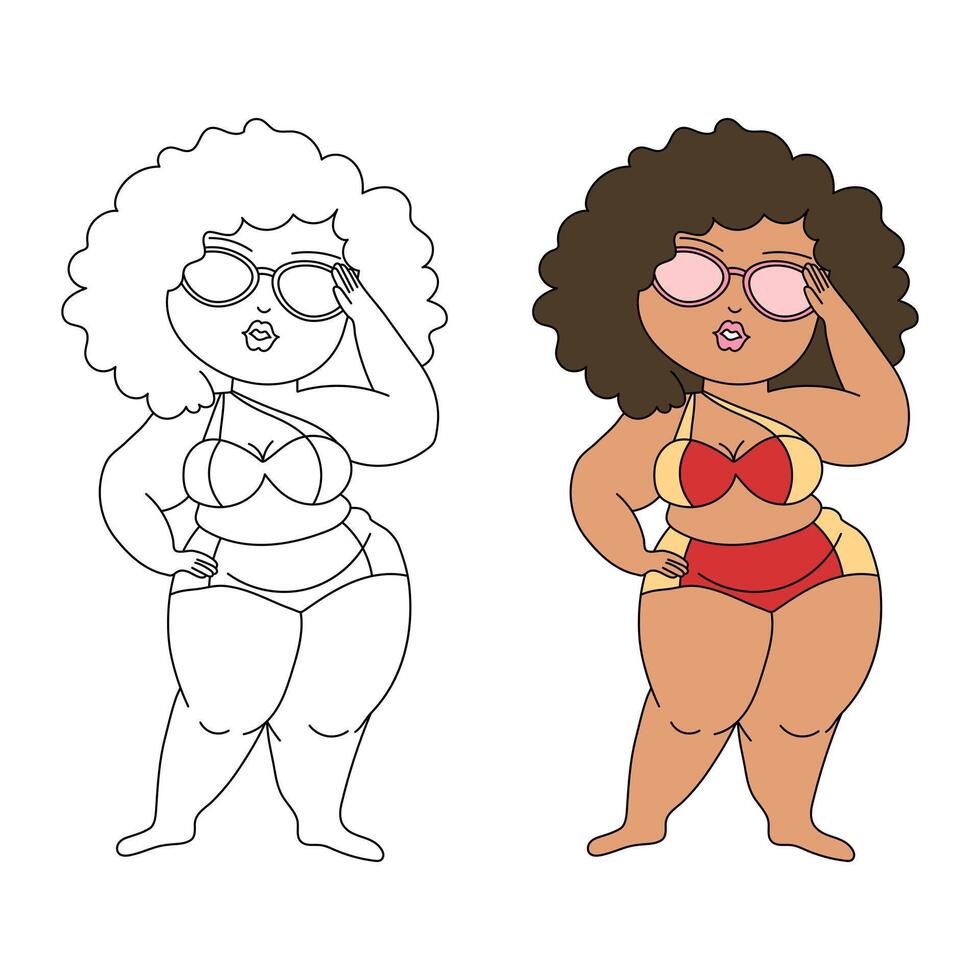 en surpoids femme dans une maillot de bain et des lunettes de soleil, esquisser et illustration. corps positivité concept. ligne art, vecteur