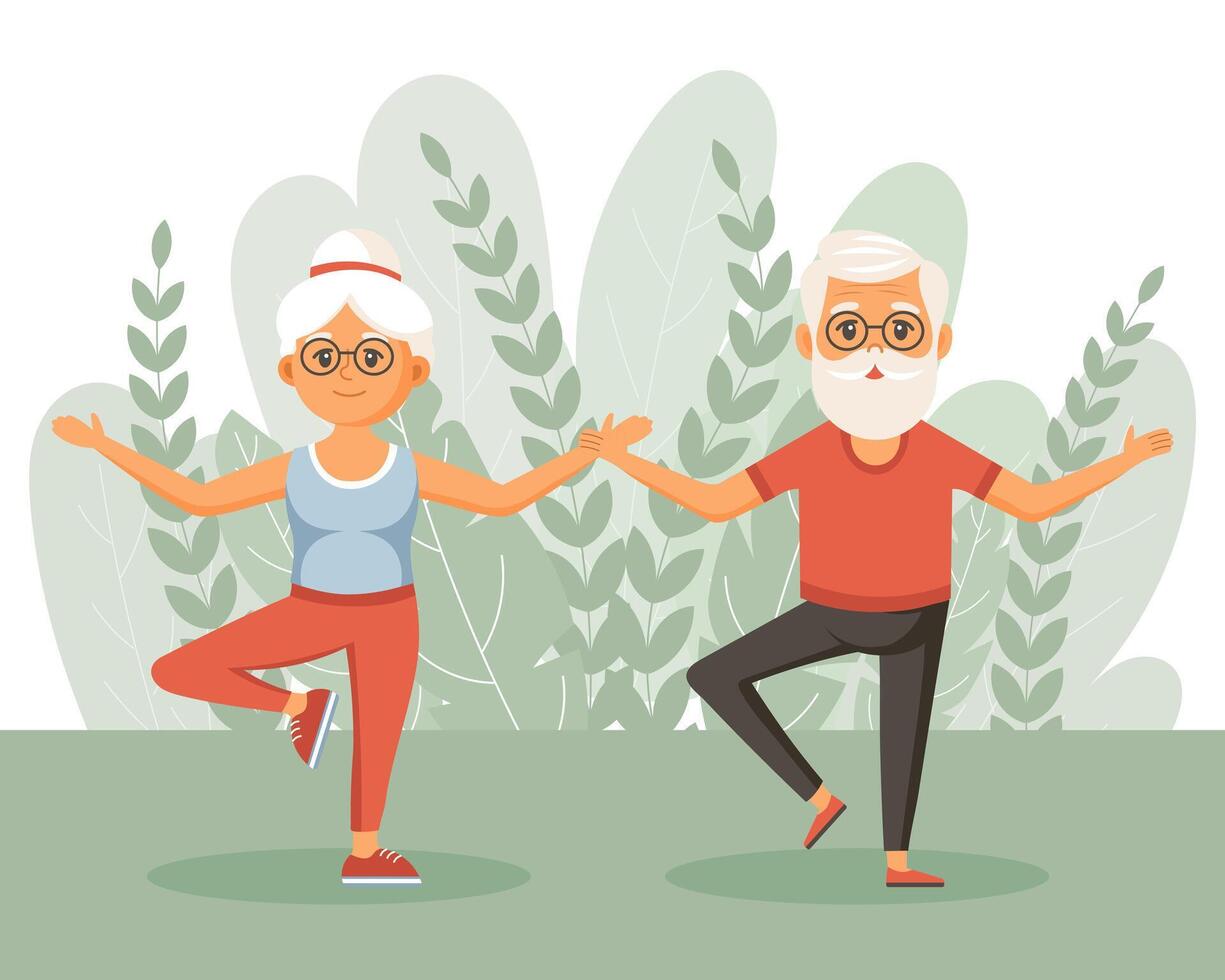 content grands-parents aller dans pour des sports, yoga, des promenades. une couple de personnes âgées gens sont faire de l'exercice. plat illustration dans dessin animé style, vecteur