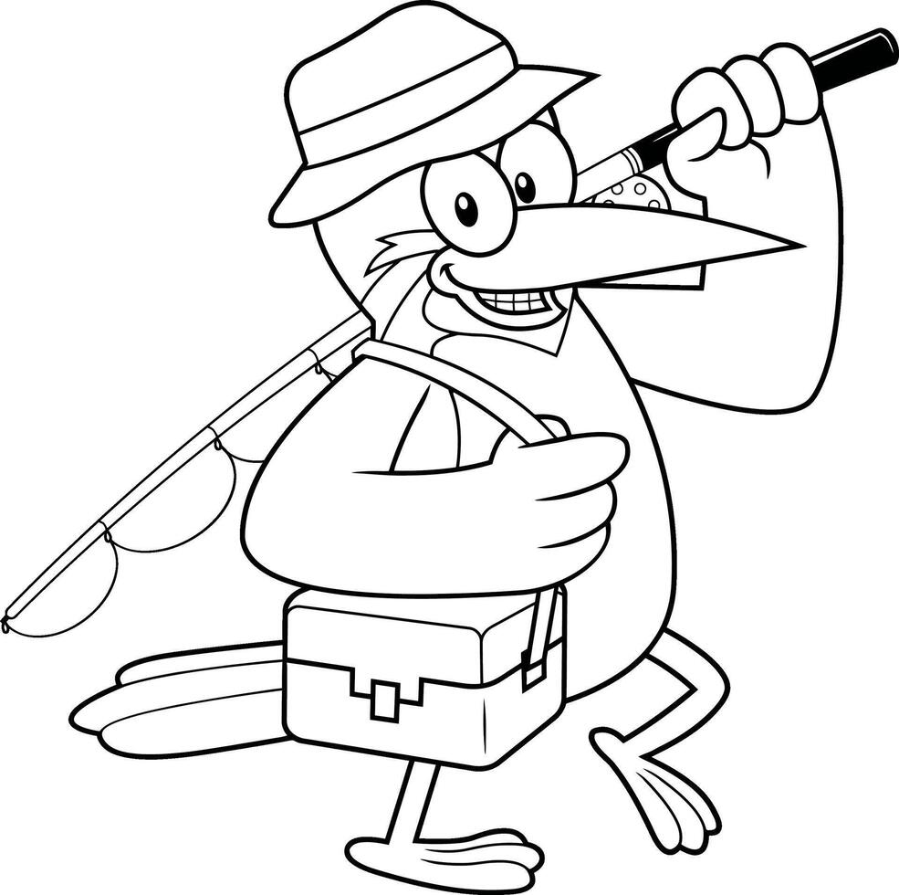 décrit martin-pêcheur oiseau mignonne dessin animé personnage en marchant avec pêche barre vecteur