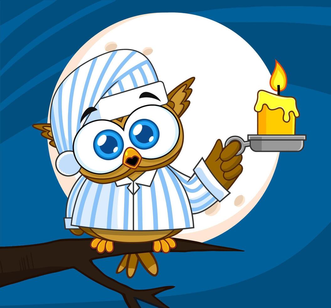 bébé hibou oiseau mignonne dessin animé personnage avec pyjamas en portant une bougie. vecteur illustration avec Contexte