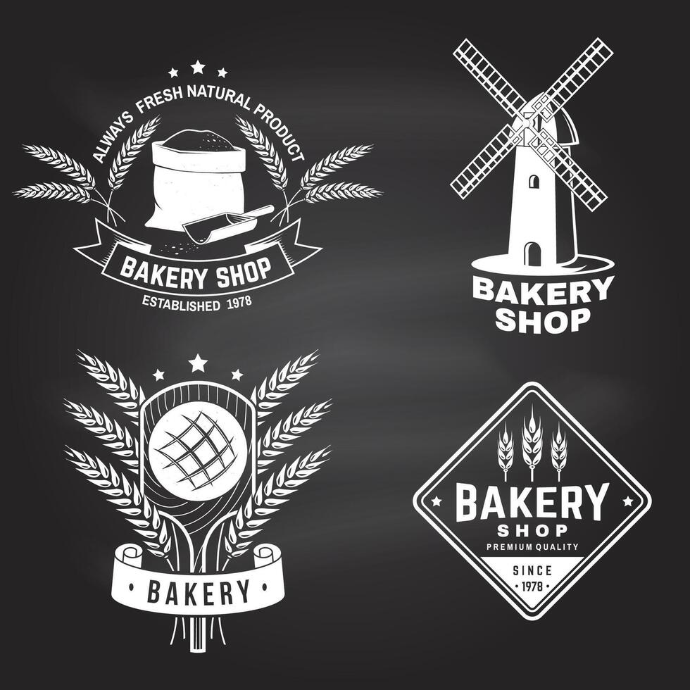 boulangerie magasin. vecteur concept pour badge, chemise, étiqueter, imprimer, timbre ou tee. typographie conception avec sac avec farine, oreilles de blé silhouette. modèle pour restaurant identité objets, emballage et menu