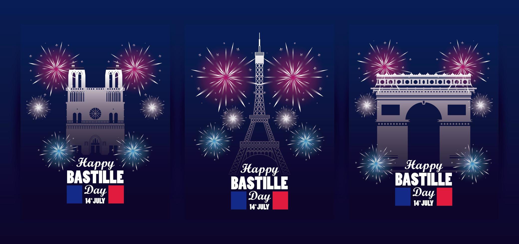 bonne fête de la bastille avec drapeaux et monuments vecteur