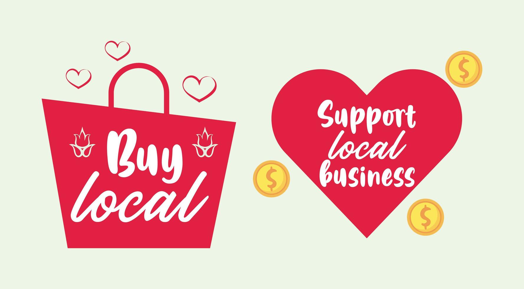 soutenir l'affiche des entreprises locales avec un sac à provisions et un coeur vecteur