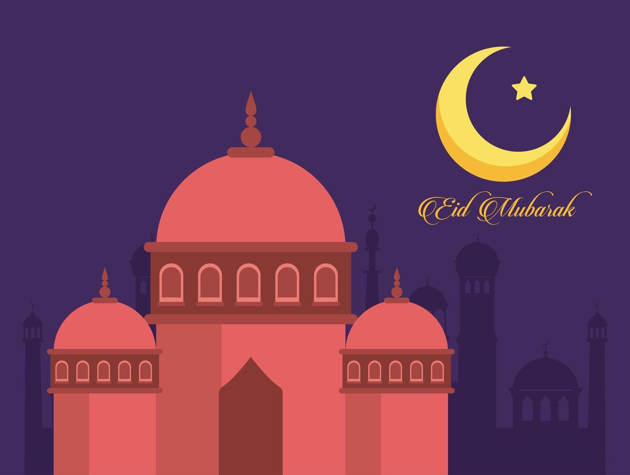 carte de célébration eid mubarak avec mosquée et lune vecteur