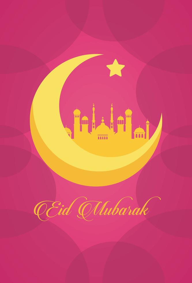 carte de célébration eid mubarak avec mosquée et lune vecteur