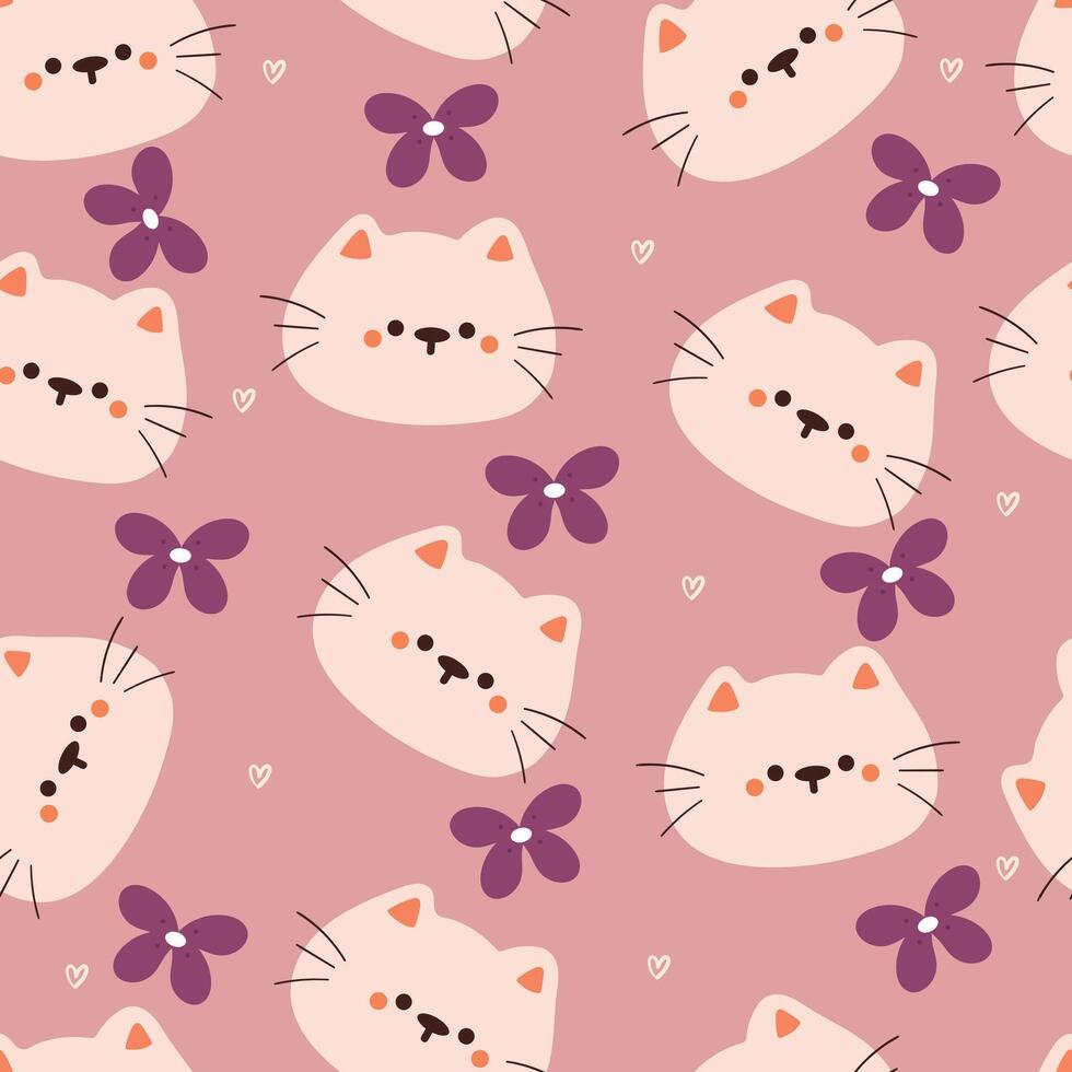 chat et fleur de dessin animé de modèle sans couture. papier peint animal mignon pour textile, papier cadeau vecteur