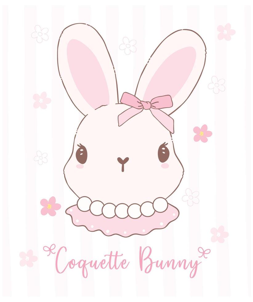 mignonne coquette lapin visage avec arc et carotte dessin animé, sucré rétro content Pâques printemps animal. vecteur