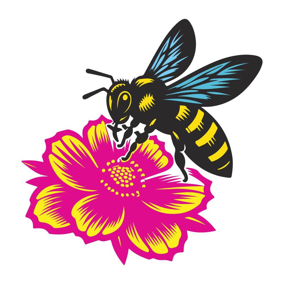 mignonne amical abeille. Marguerite fleur avec mignonne abeille. dessin animé content en volant abeille avec gros gentil yeux. insecte personnage. vecteur isolé sur blanc