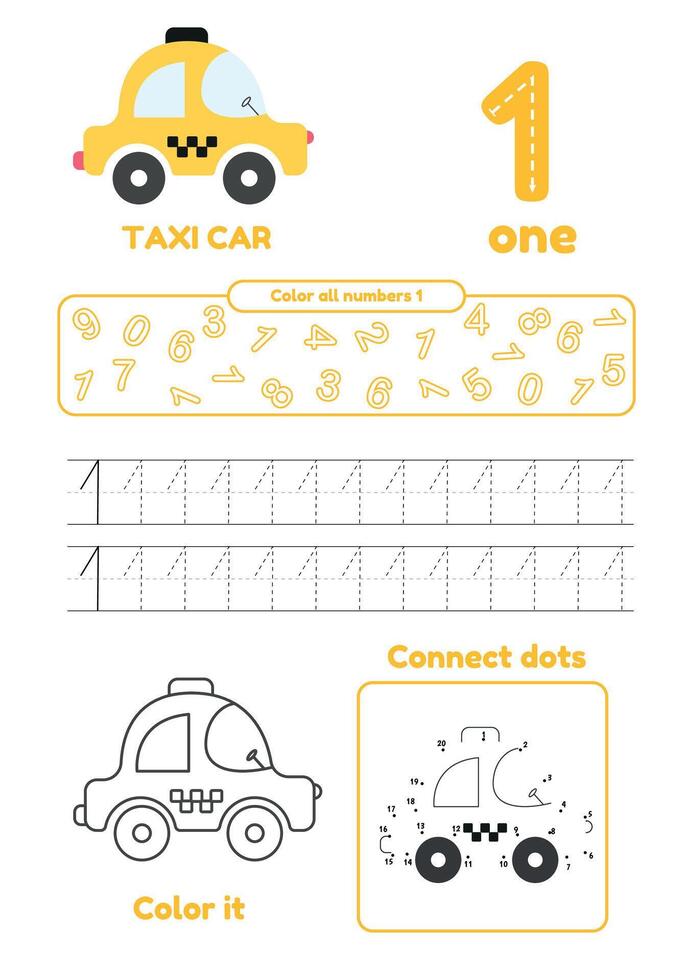 apprendre nombre 1 pour préscolaire enfants. beaucoup Jeux sur un page. couleur, point à point, trace vecteur