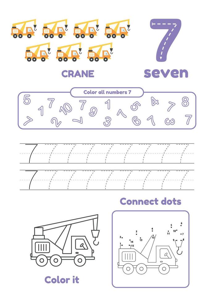 apprendre nombre sept pour préscolaire enfants. beaucoup Jeux sur un page. couleur, point à point, trace vecteur