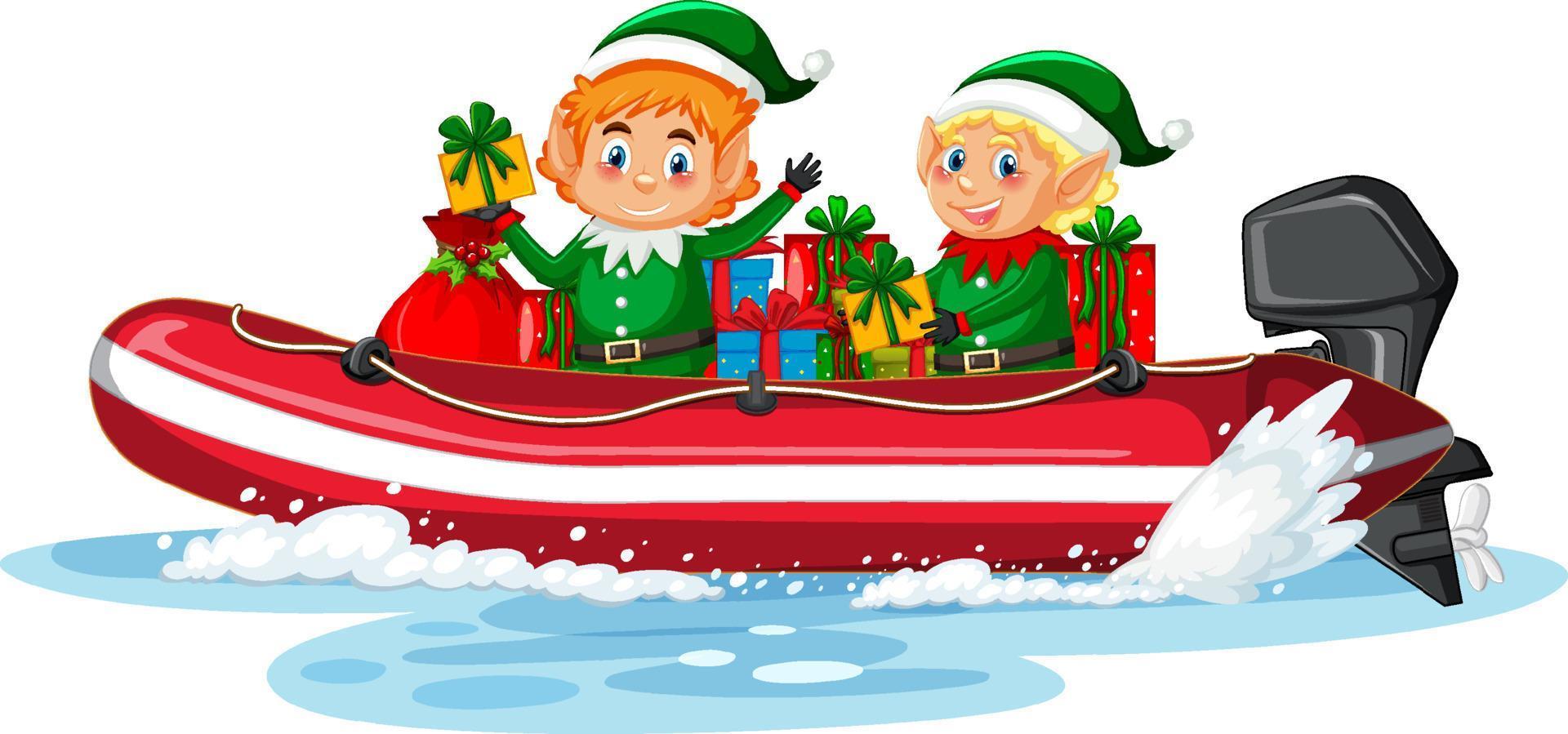 lutin de noël sur le bateau avec ses cadeaux vecteur