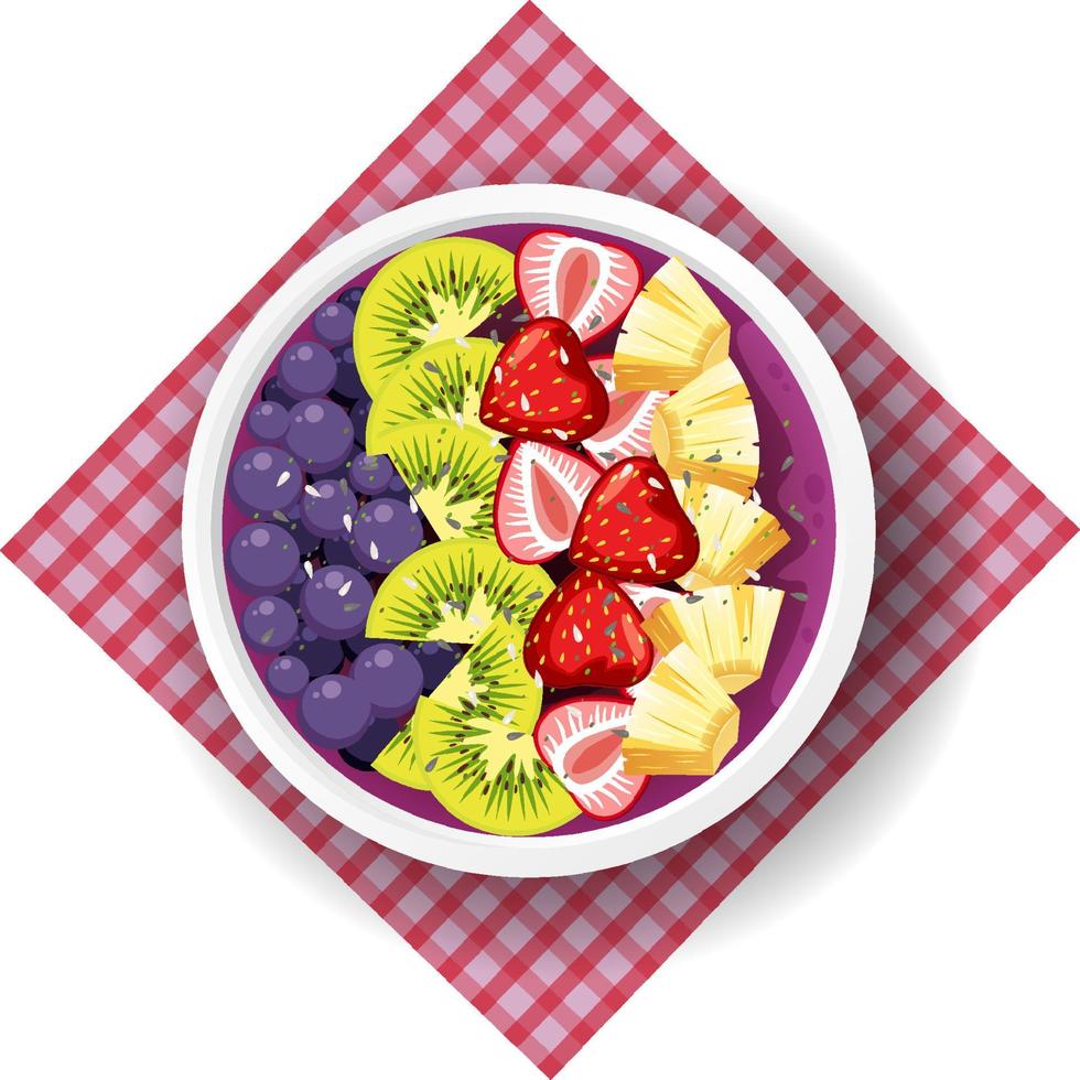 Vue de dessus du bol de salade de fruits sur fond blanc vecteur