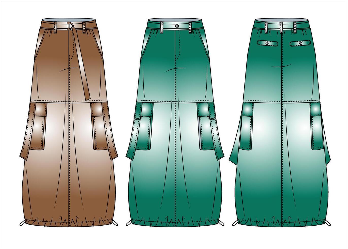 cargaison longue jupe technique mode illustration une ligne jupe mode plat technique dessin modèle les poches cordon de serrage ourlet de face et retour vue blanc gris femmes jupes vecteur