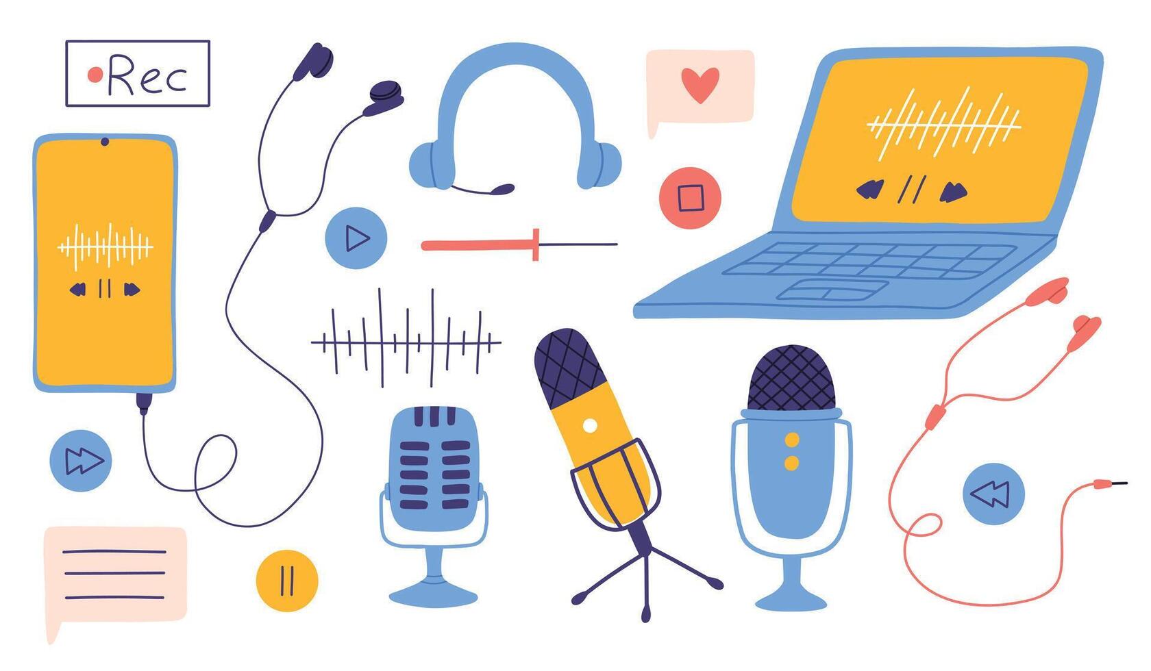 main tiré ensemble de Podcast éléments. collection de écouteurs et micros. vecteur illustration de La technologie pour une podcast.