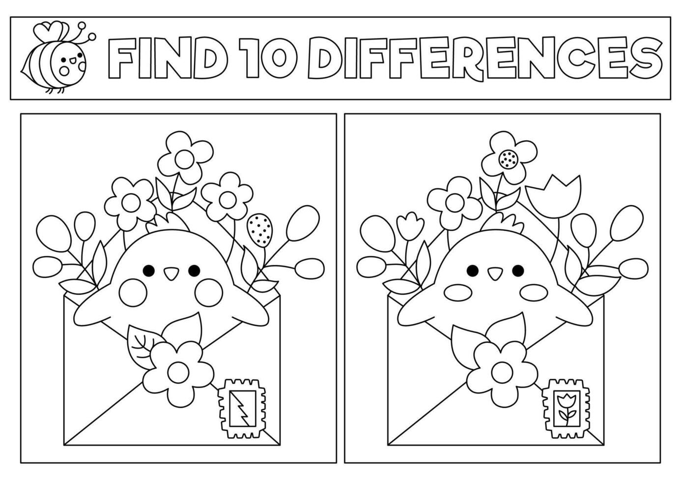 printemps noir et blanc kawaii trouver différences jeu. coloration page avec mignonne poussin dans enveloppe avec fleurs. jardin puzzle pour des gamins avec marrant personnage. imprimable quoi est différent feuille de travail vecteur