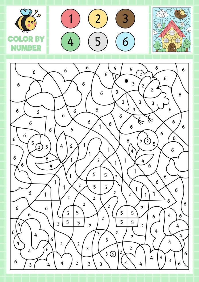 vecteur jardin ou ferme Couleur par nombre activité avec mignonne kawaii pays maison. printemps vacances scène. noir et blanc compte Jeu avec marrant chalet, oiseau. Pâques coloration page pour des gamins