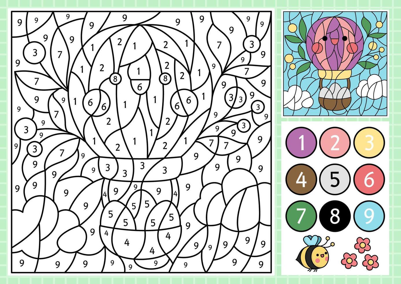 vecteur Pâques Couleur par nombre activité avec mignonne kawaii chaud air ballon avec des œufs. printemps vacances scène. noir et blanc compte Jeu avec marrant personnage. jardin coloration page pour des gamins