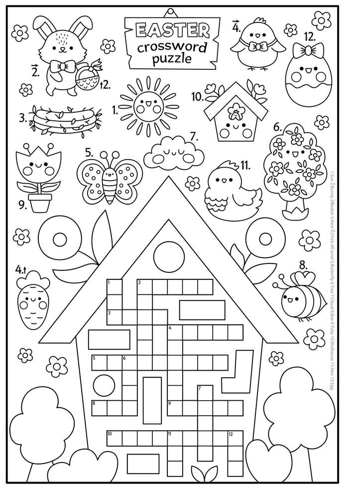 vecteur noir et blanc Pâques pays maison en forme de mots croisés puzzle pour enfants. printemps vacances ligne questionnaire. coloration page avec kawaii symboles. mignonne jardin Anglais Langue traverser mot avec lapin