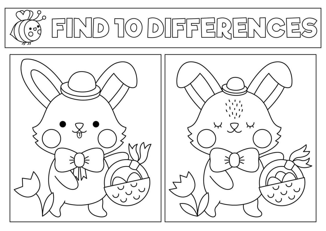 Pâques noir et blanc kawaii trouver différences jeu. coloration page avec mignonne lapin Aller sur Oeuf chasser avec panier. printemps vacances puzzle ou activité pour enfants. imprimable quoi est différent feuille de travail vecteur