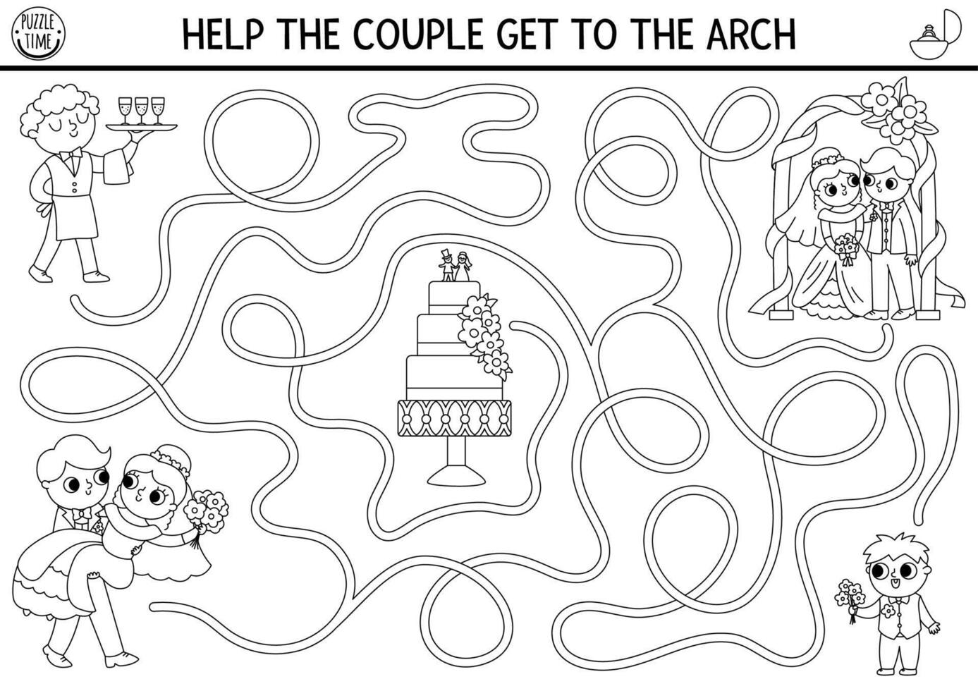 mariage noir et blanc Labyrinthe pour des gamins avec mariée, marié, gâteau. mariage la cérémonie préscolaire imprimable activité, coloration page. matrimonial labyrinthe jeu. Aidez-moi juste marié couple avoir à le cambre vecteur