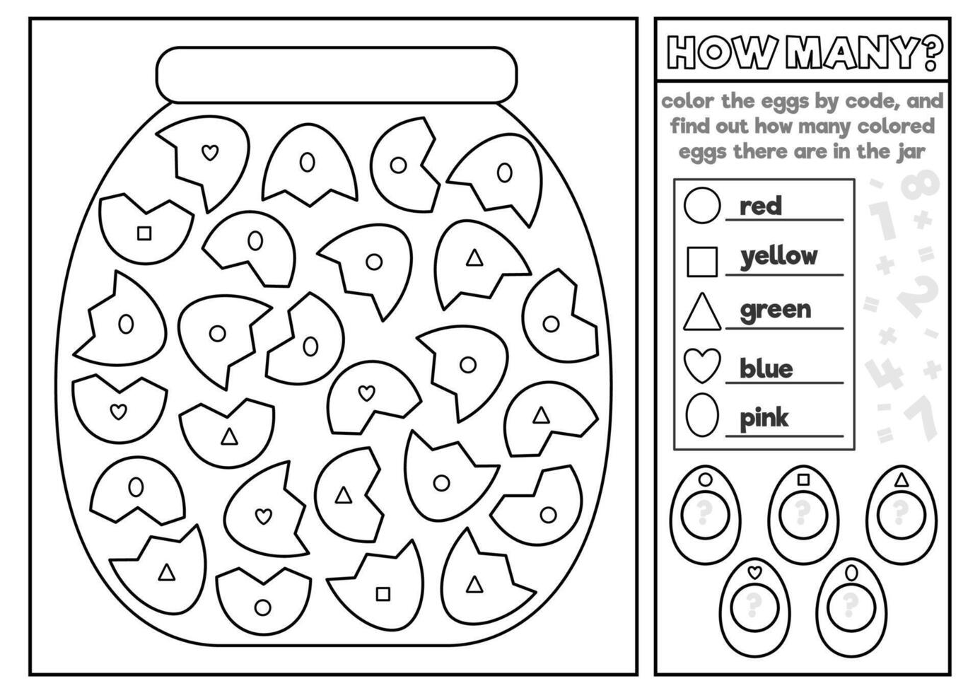 vecteur noir et blanc Pâques coloration et math puzzle avec pot et des œufs. logique imprimable compte activité pour enfants. mignonne printemps feuille de travail. original forme reconnaissance Jeu ou coloration page