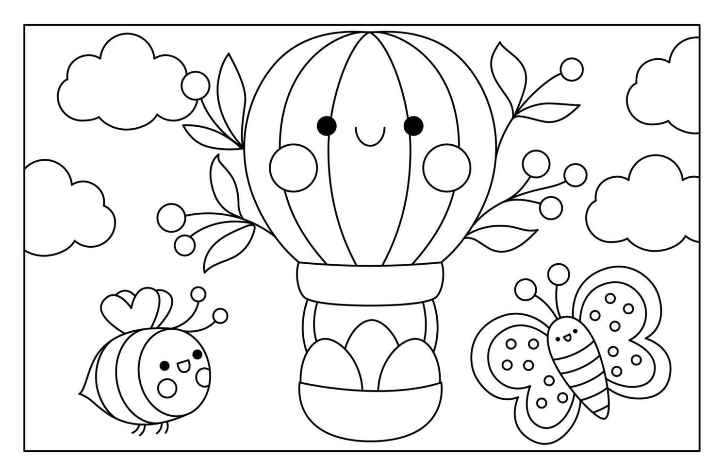 vecteur noir et blanc kawaii Pâques scène avec chaud air ballon et des œufs dans le ciel. printemps dessin animé ligne illustration. mignonne paysage ou coloration page pour des gamins avec papillon et abeille