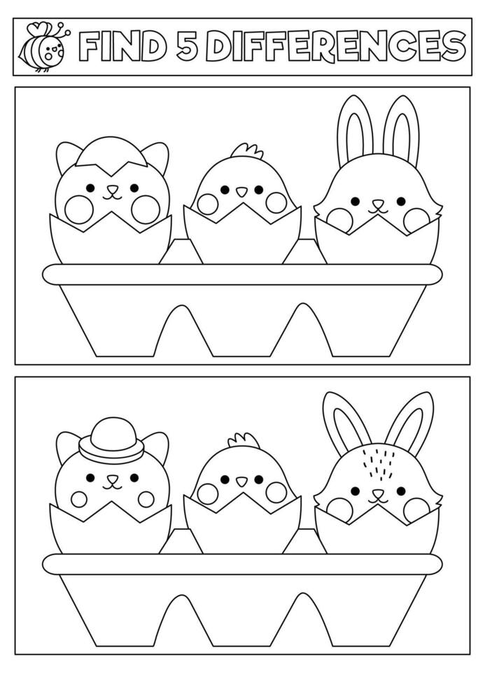 Pâques noir et blanc kawaii trouver différences jeu. coloration page avec mignonne éclosion animaux. printemps vacances puzzle ou activité pour enfants. imprimable quoi est différent feuille de travail vecteur