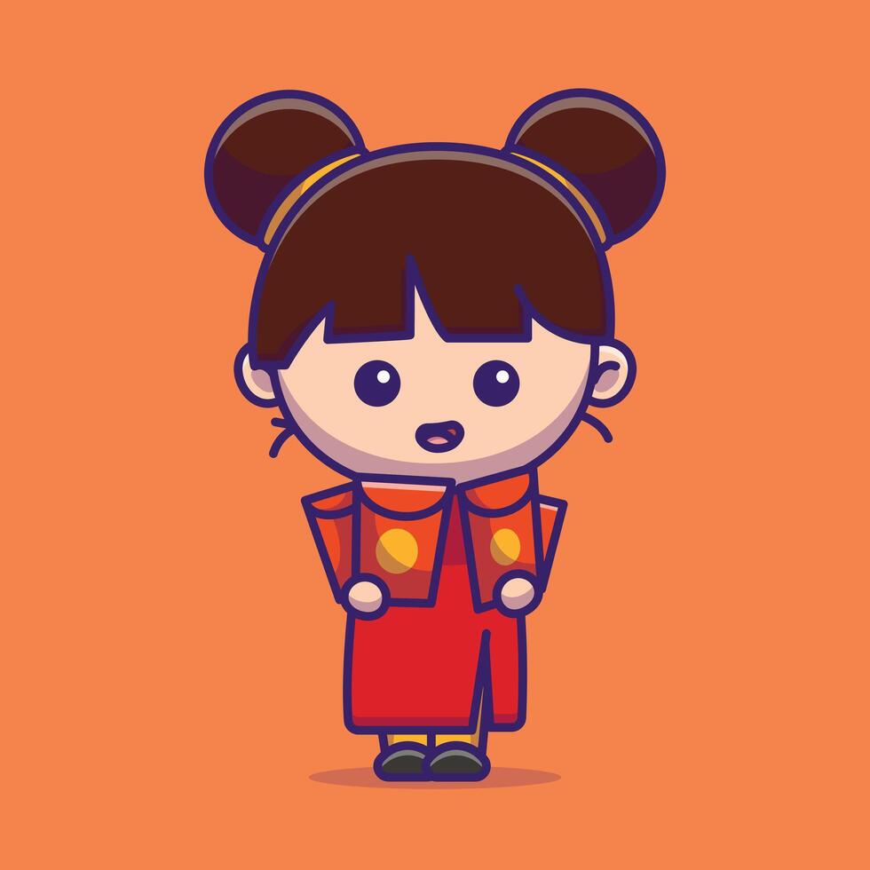 mignonne fille avec argent enveloppe Angpao dessin animé vecteur illustration chinois lunaire Nouveau année concept icône isolé