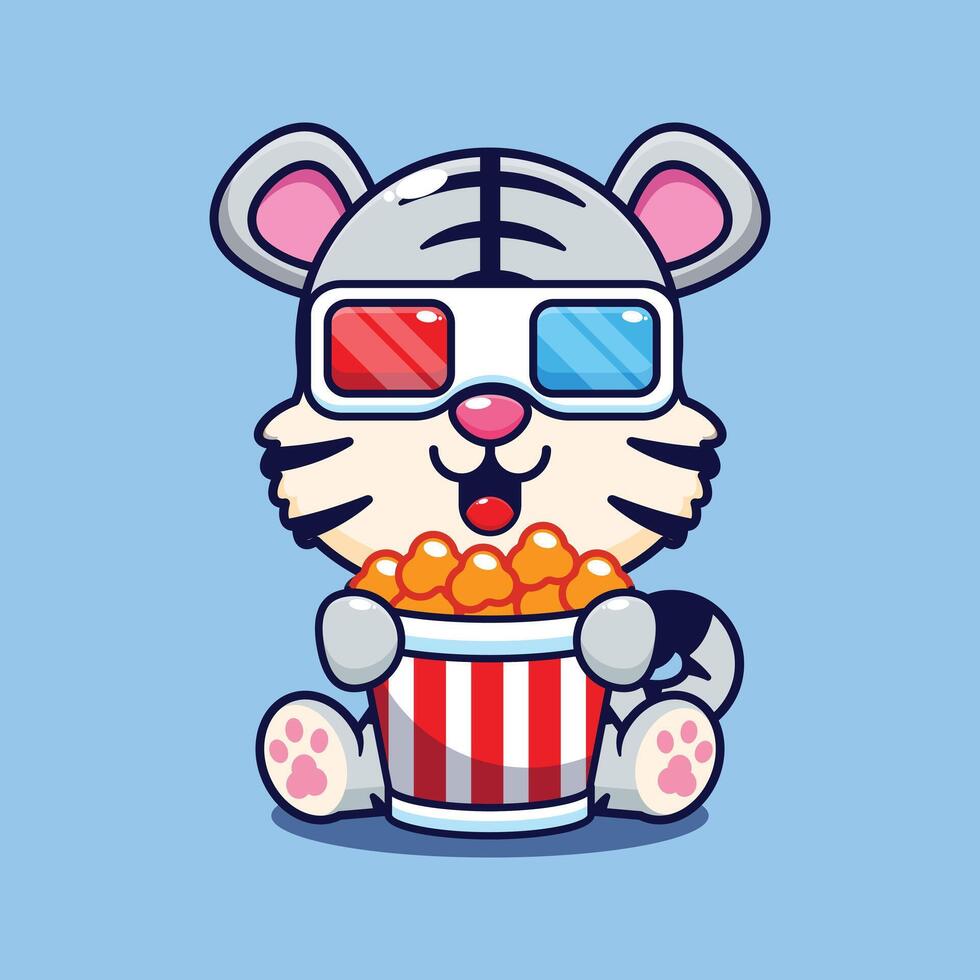 blanc tigre en mangeant pop corn et regarder 3d film dessin animé vecteur illustration.